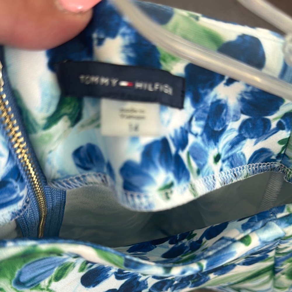 Tommy Hilfiger Blue Floral Sheath Dress Size 14 Midi Work Wedding Guest Stretch - Picture 4 of 8